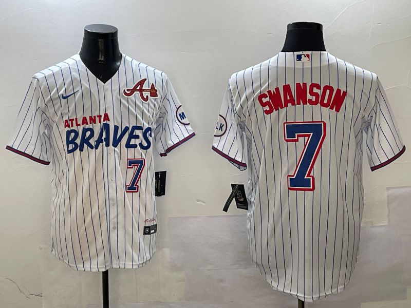 Men Atlanta Braves #7 Swanson White Stripe Fashion Game 2025 Nike MLB Jersey style 1